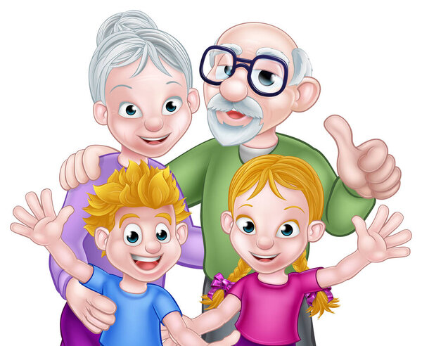 Карикатурные дети с дедушкой и бабушкой и дедушкой