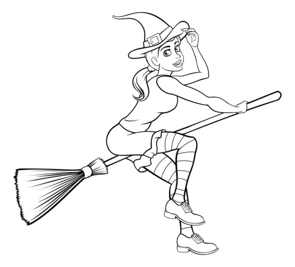 카툰 핼러윈 (Cartoon Halloween Witch Flying on her Broomstick) — 스톡 벡터