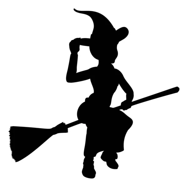 Bruxa de Halloween voando na silhueta de vassoura —  Vetores de Stock