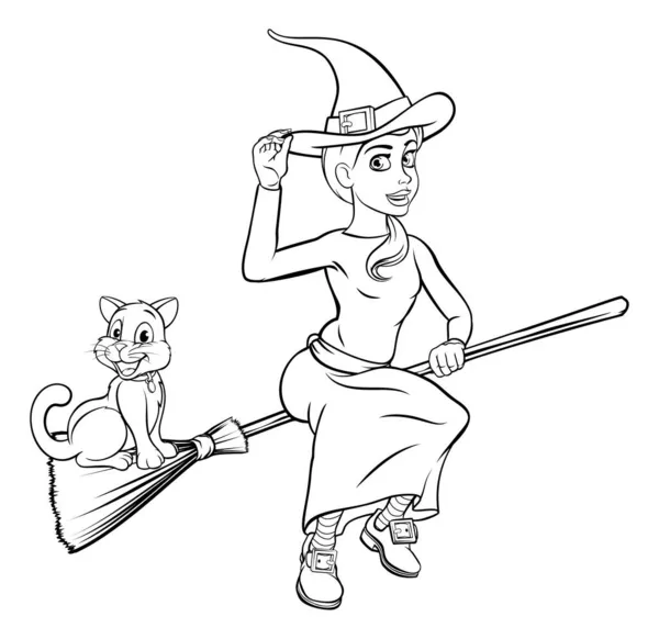 卡通女巫和猫骑着扫帚飞 — 图库矢量图片