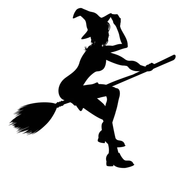 Witch Flying On Broomstick Halloween Silhouette — Stock Vector