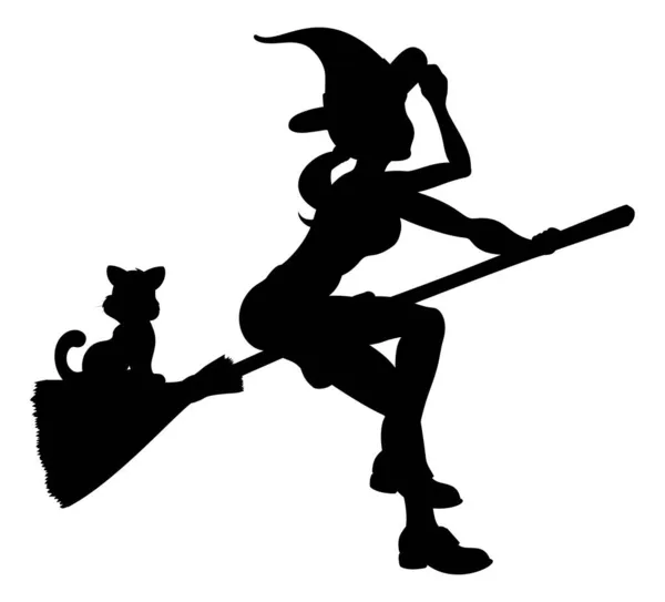 Silhouette Halloween strega che vola su manico di scopa — Vettoriale Stock