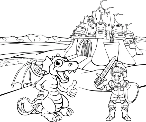 Dragon et Chevalier Château Dessin animé — Image vectorielle