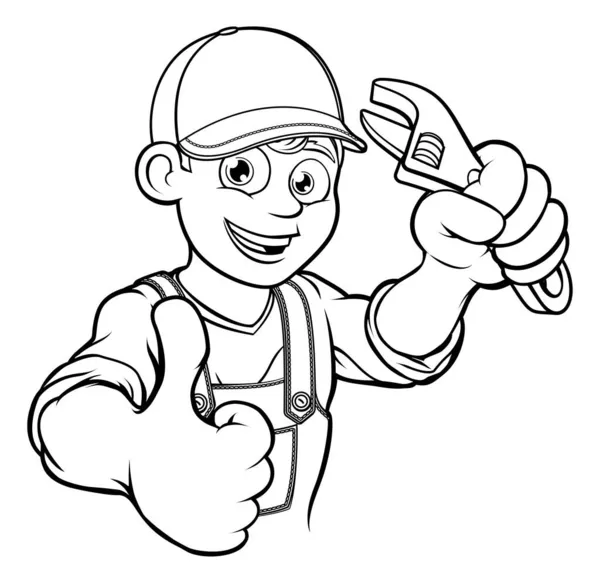 Mechaniker oder Klempner Handyman mit Schraubenschlüssel Cartoon — Stockvektor