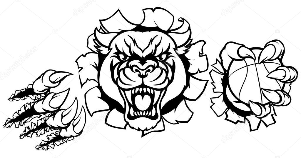 A black panther angry animal sports mascot holding a basketball ball and breaking through the background with its claws