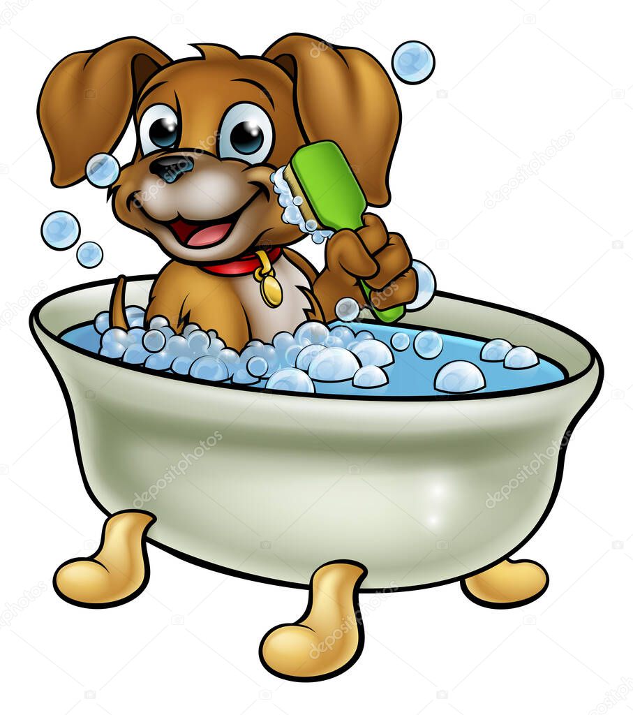 A cartoon dog having a bath with a scrubbing or grooming brush