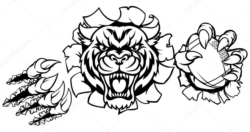 A Tiger angry animal sports mascot holding an American football ball and breaking through the background with its claws