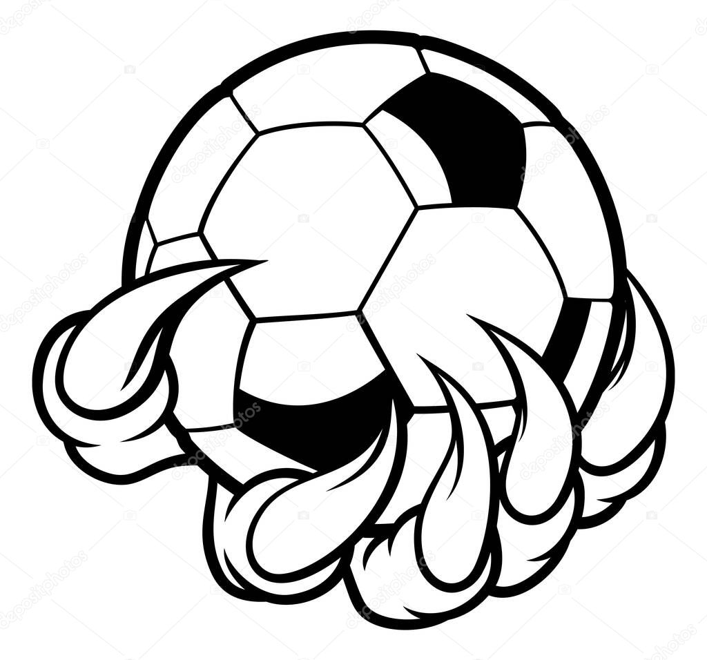 A monster or animal claw or hand with talons holding a soccer football ball