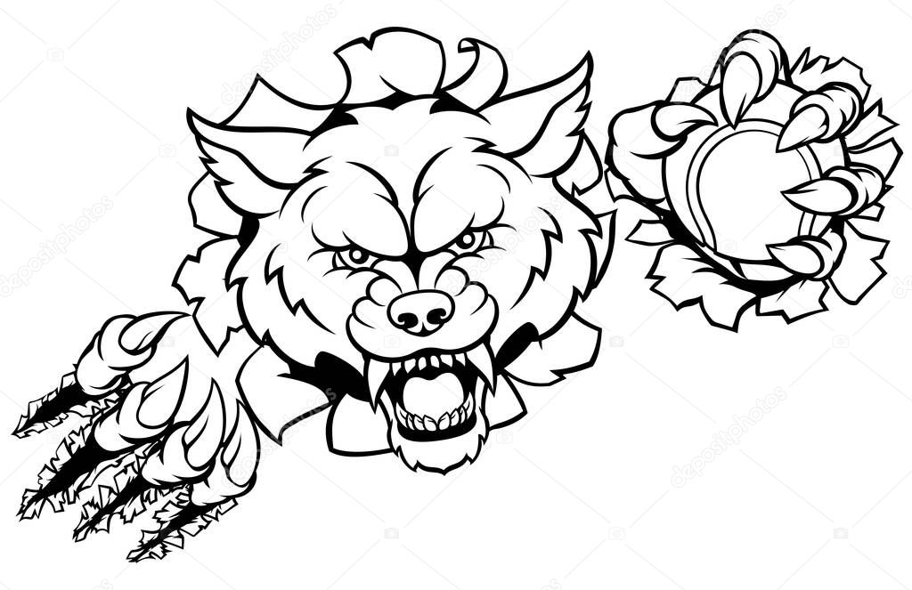 A wolf angry animal sports mascot holding a tennis ball and breaking through the background with its claws