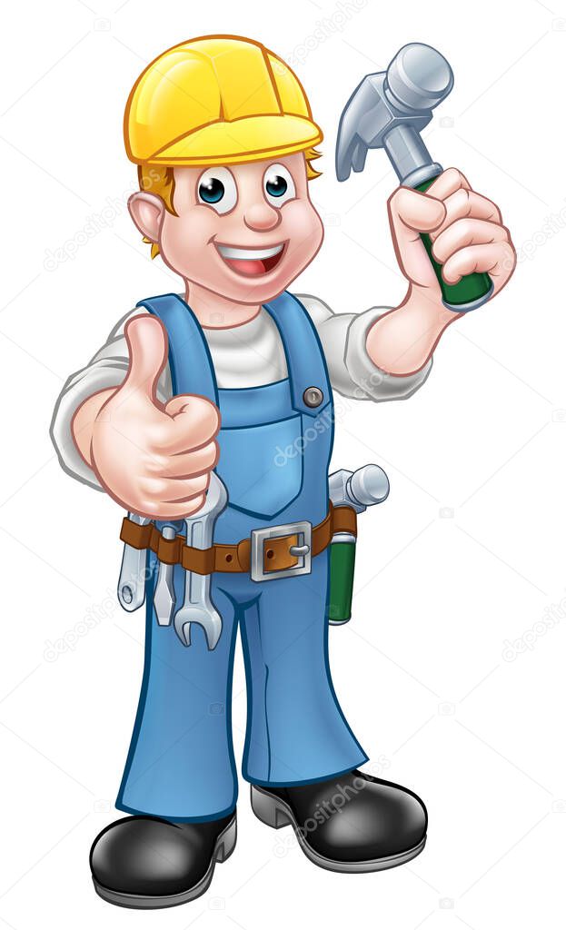 Handyman carpenter cartoon character holding a hammer and giving thumbs up