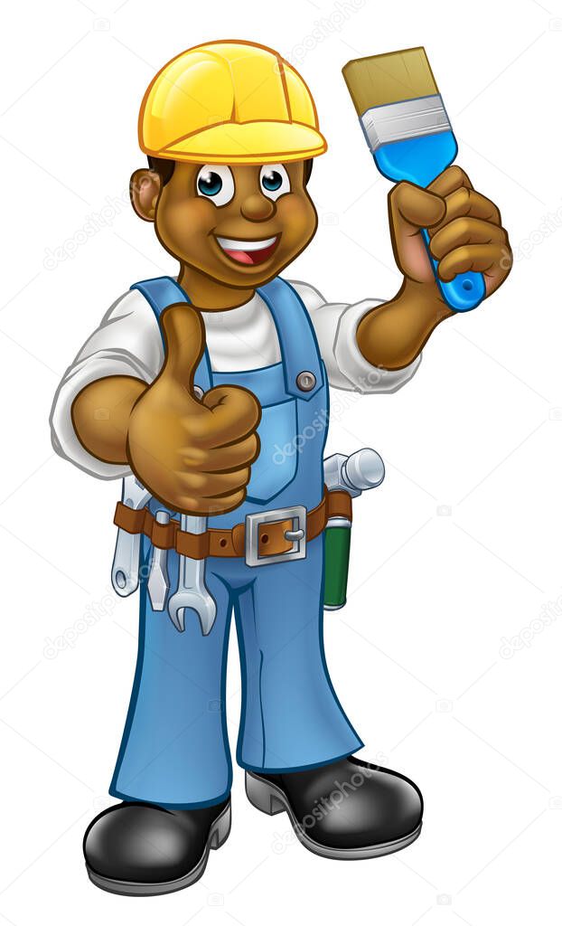 A black painter decorator handyman cartoon character holding a paintbrush and and giving a thumbs up