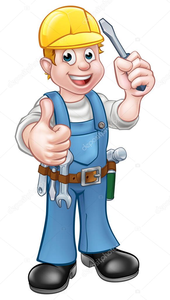 An electrician handyman cartoon character holding a screwdriver and giving a thumbs up