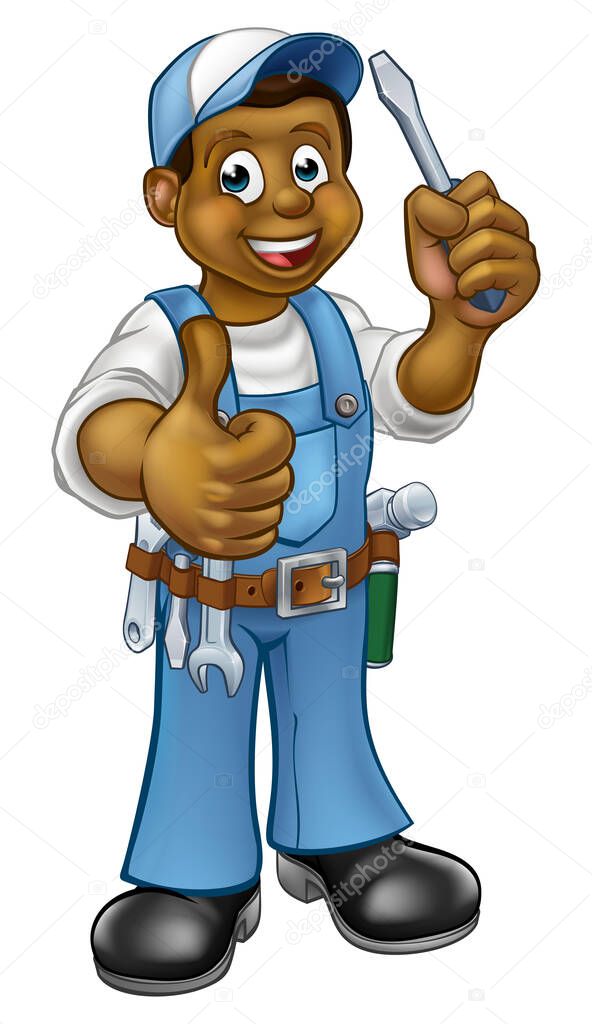 An electrician handyman cartoon character holding a screwdriver and and giving a thumbs up