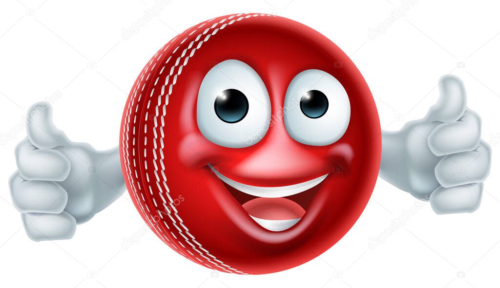 Cartoon cricket ball man mascot character doing a double thumbs up