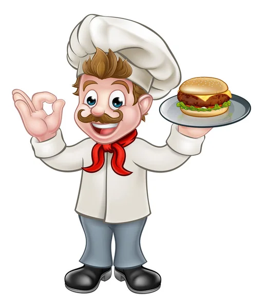 Chef Holding Burger personaggio cartone animato — Vettoriale Stock
