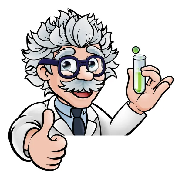 Cartoon Scientist Holding Test Tube Thumbs Up — Stock Vector