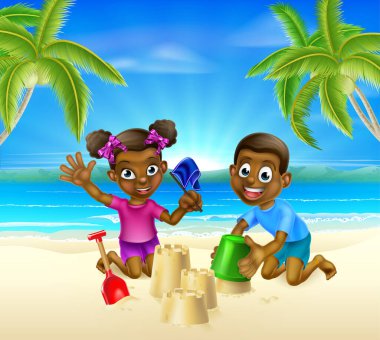 Çocuklar, tropik bir sahilde palmiye ağaçlarıyla kumdan kaleler inşa ederek eğleniyorlar.