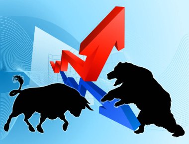 Bir siluet ayısının borsa veya kar grafiği önünde bir boğa maskotuyla dövüşmesi gibi finansal bir kavram.