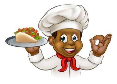 Bir çizgi film karakteri elinde kebap tutuyor.