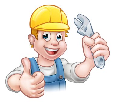 Tamirci ya da muslukçu çizgi film karakteri elinde anahtarla baş parmak işareti yapıyor.