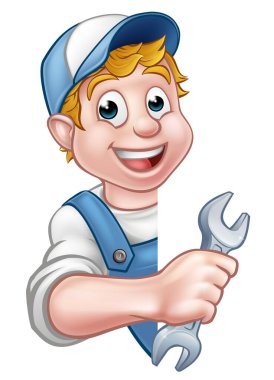 Çizgi filmdeki tesisatçı ya da tamircinin elinde anahtar olan bir çizimi.