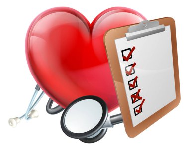 Kalp şeklinde bir sembol, steteskop ve pano. Kavramsal sağlık hizmeti tıbbi illüstrasyonu.