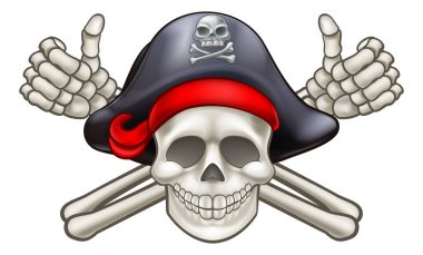 Kafatası ve çapraz kemikler Jolly Roger korsan baş parmak veriyor