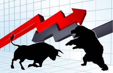 Siluet boğasına karşı ayı maskotu karakterleri borsa veya kar grafiği konsepti önünde