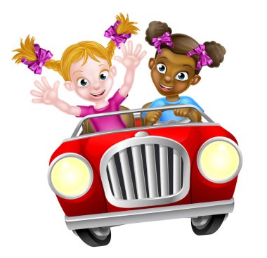 Bir çift çizgi film kızı bir araba yolculuğunda hızlı araba kullanırken eğleniyorlar.