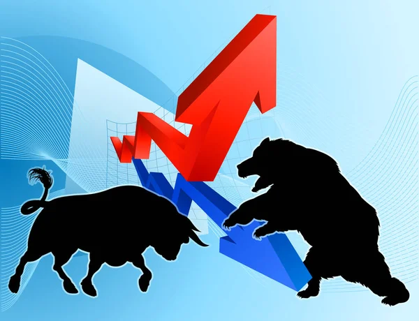 Bir siluet ayısının borsa veya kar grafiği önünde bir boğa maskotuyla dövüşmesi gibi finansal bir kavram.