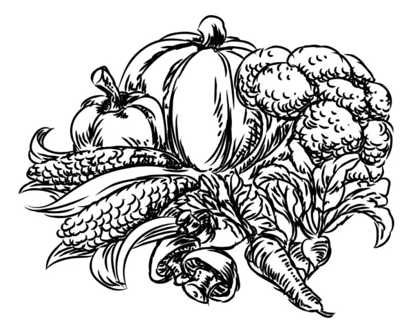 Овощи Вегетарианская Еда Гранж Стиле Ручной Работы Меню Значок — стоковый вектор