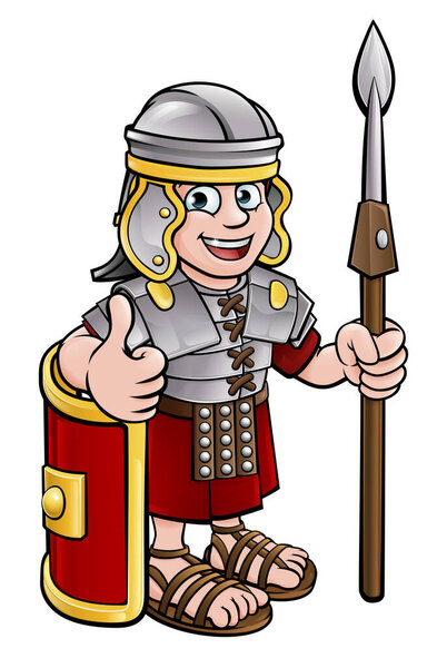 A Roman soldier cartoon character holding a spear and giving a thumbs up