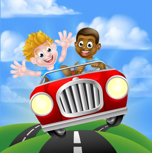 Zwei Cartoon Jungs Fahren Schnell Auto — Stockvektor