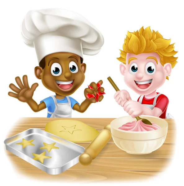 Cartoon Boys One Black One White Dressed Chefs Bakers Baking — Stock Vector