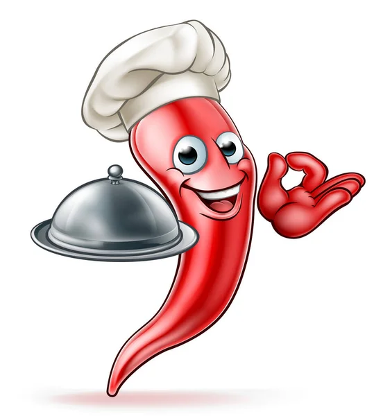 厨师帽卡通人物中的辛辣红辣椒 拿着盘子 — 图库矢量图片