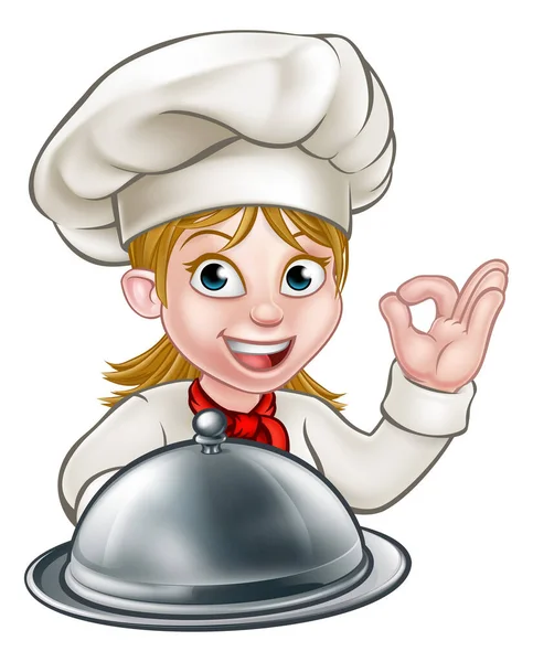 漫画の女性シェフやパン屋の文字は 銀のクロッシュフードプレートの盛り合わせを保持し 完璧なおいしい料理のジェスチャーを与える — ストックベクタ