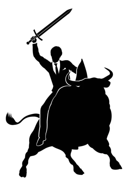 Financial Stock Market Business Conceptual Illustration Businessman Riding Bull Knight — Stock Vector