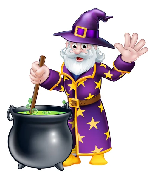 Cartoon Halloween Wizard Character Stirring Cauldron Waving — Stock Vector