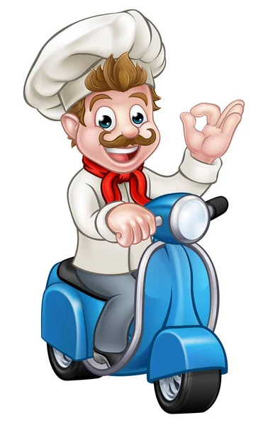 Caricatura Chef Panadero Personaje Montar Una Moto Ciclomotor Entrega Scooter — Vector de stock