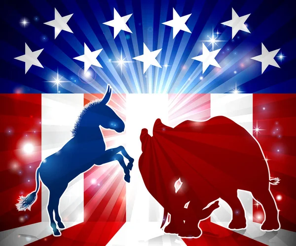 Burro Elefante Silueta Frente Una Bandera Americana Fondo Animales Demócratas — Vector de stock