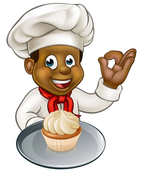 Chef Noir Personnage Dessin Animé Boulanger Tenant Une Assiette Avec — Image vectorielle