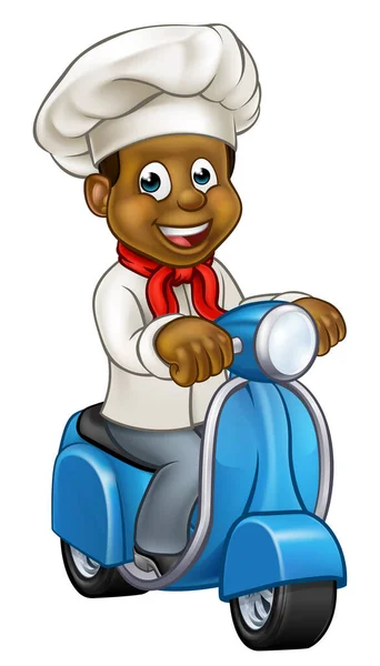 Personaje Chef Negro Dibujos Animados Panadero Montando Una Moto Ciclomotor — Vector de stock