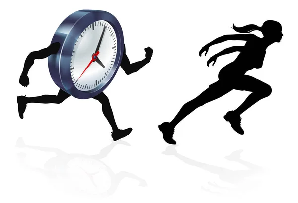 Running Silhouette Woman Clock Racing Concept Time Pressure Work Life — Stock Vector