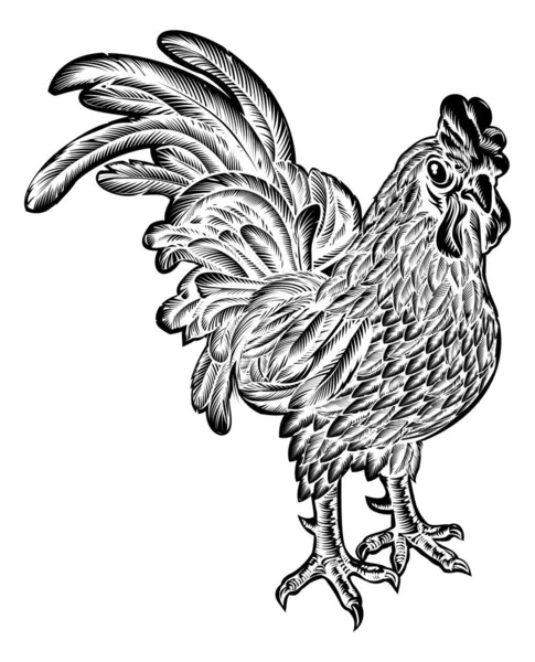 一只具有老式木雕风格的公鸡鸡的原图 — 图库矢量图片