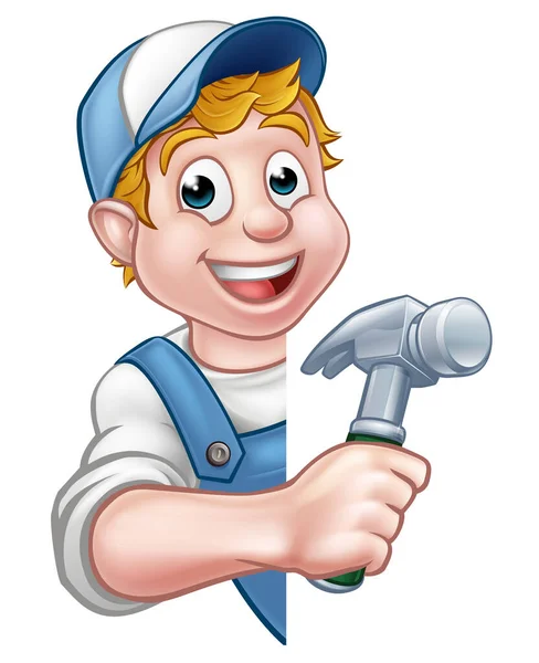 Construtor Carpinteiro Trabalhador Construção Civil Personagem Dos Desenhos Animados — Vetor de Stock