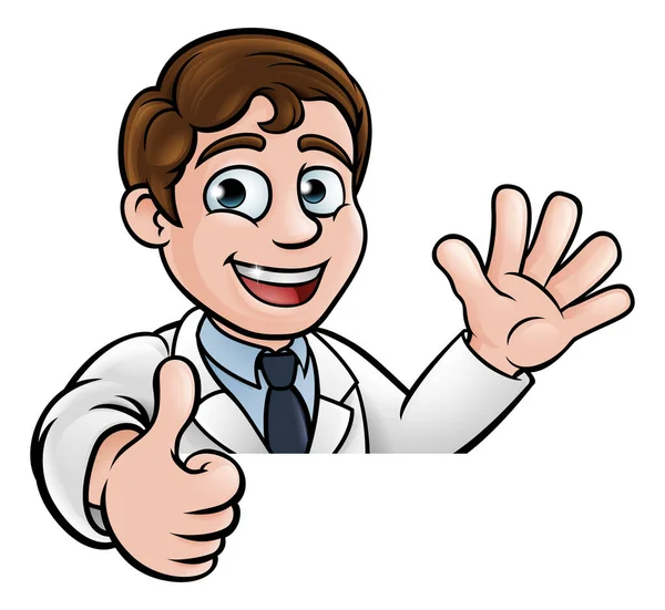 白いコートを身に着けている漫画の科学者がサインの上に手を振って親指をあげる — ストックベクタ