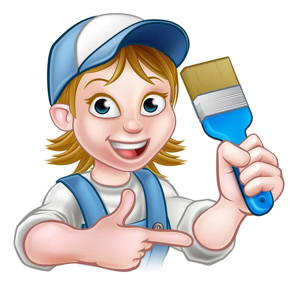 Pintor Decorador Manitas Personaje Dibujos Animados Sosteniendo Pincel Señalando — Vector de stock