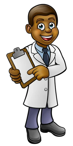 Cartoon Scientist Professor Wearing Lab White Coat Holding Clipboard Pointing — Stock Vector