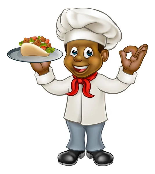 Personagem Desenho Animado Chef Preto Segurando Kebab —  Vetores de Stock