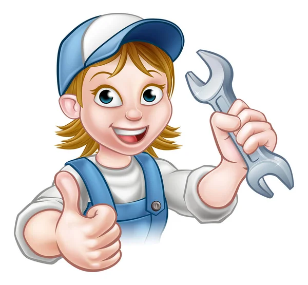 スパナを保持し 親指を放棄する配管工または整備工の手提げ漫画のキャラクター — ストックベクタ